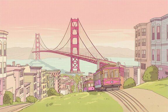 Dessin d'une ville avec un train en marche