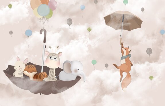 Renard avec une girafe et un éléphant sur un parapluie dans les nuages