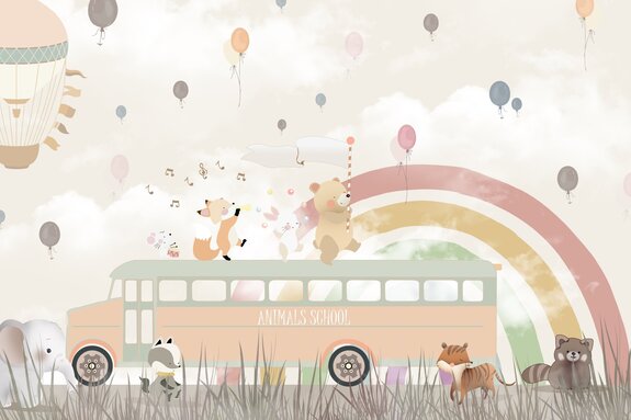 Bus scolaire avec des animaux sur un fond d’arc-en-ciel