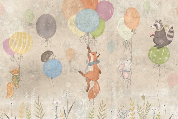 Renard et lièvre tenant des ballons