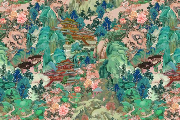 Bâtiments japonais parmi les montagnes et les arbres