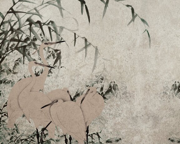 Hérons et bambous sur un fond à la texture délicate