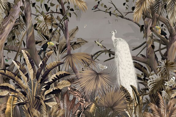 Paon blanc toucans et papillons dans la jungle tropicale