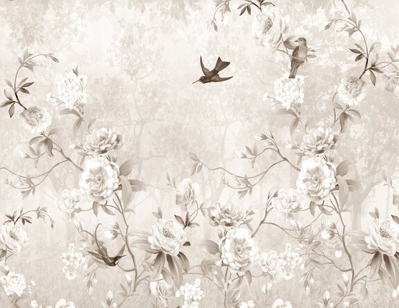 Motif botanique avec des oiseaux et des arbres