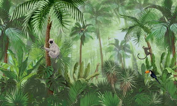 Végétation verte tropicale dans la jungle avec des animaux