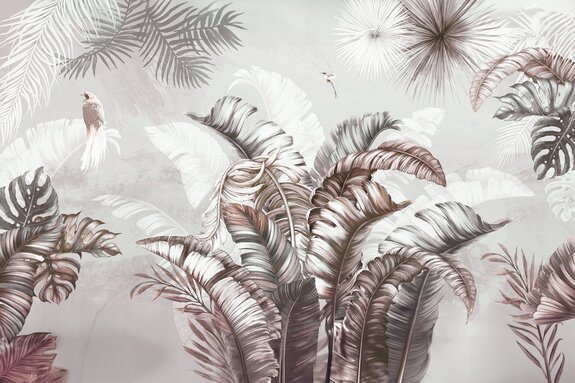 Grandes feuilles tropicales et oiseaux sur un fond à la texture subtile