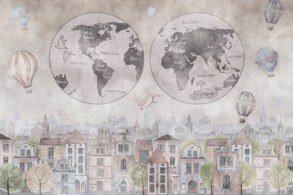 Carte du monde et ballons colorés au-dessus d’une ville aquarelle