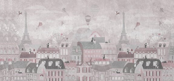 Petite ville féerique avec chatons, ballons et cerfs-volants dans le ciel