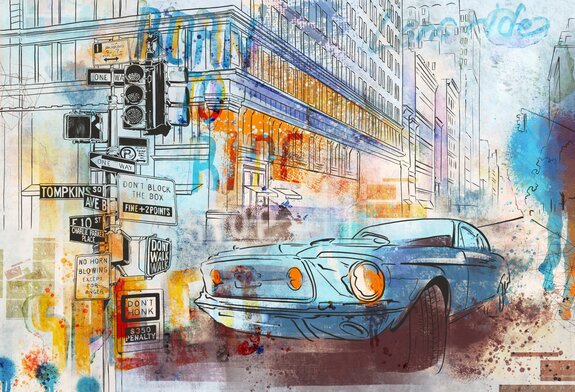 Voiture en ville peinture à l'aquarelle illustration jeunesse