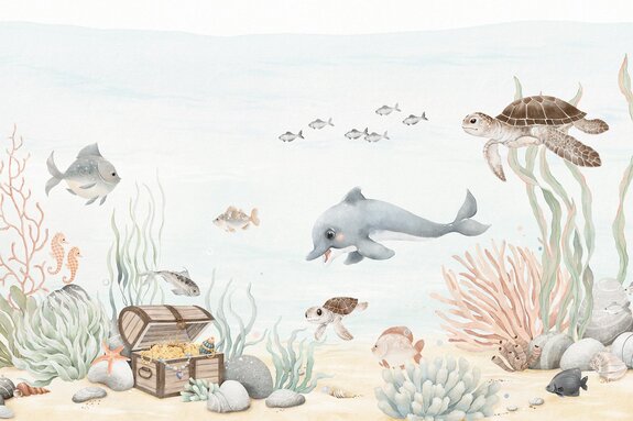 Monde sous-marin aquarelle avec poissons et trésor de pirates