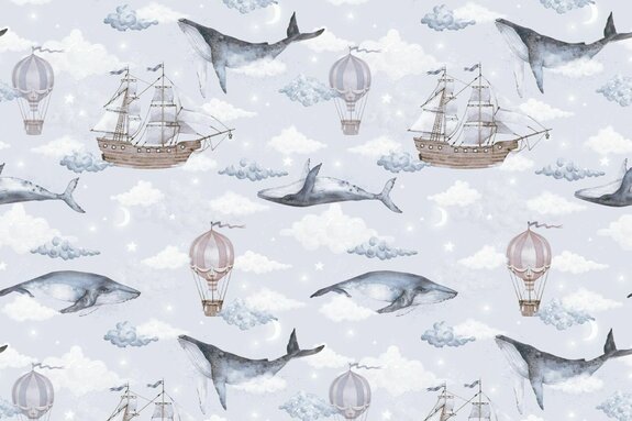 Thème aquarelle avec baleines bateaux et ballons sur fond de ciel