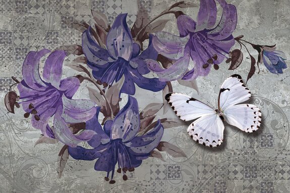 Papillon et fleurs dans le style des aquarelles en arrière-plan avec la mosaïque et les ornements