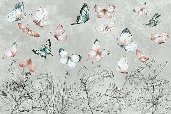 Motif botanique avec papillons mites et plantes sur fond gris