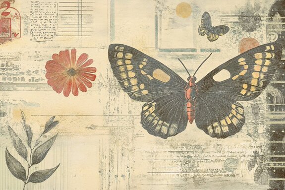 Papillons fleurs et feuilles motif botanique de style rétro vintage