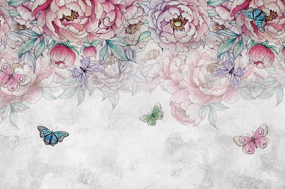 Fleurs de pivoines avec papillons et feuilles en style aquarelle sur fond gris clair