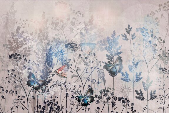 Prairie fleurie avec papillons, illustration de paysage dans un style naturel