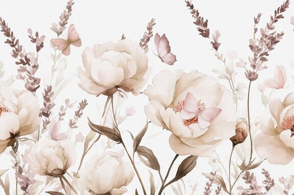 Pré fleuri avec des papillons en style aquarelle, motif floral délicat