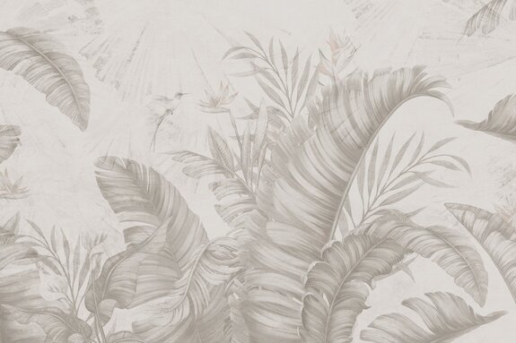 Plantes exotiques, strelitzia et feuilles de bananier sur fond texturé aux couleurs sobres