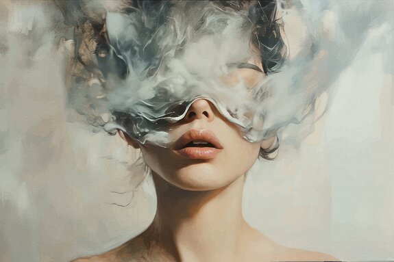 Portrait artistique avec l'image d'une femme et un nuage de fumée