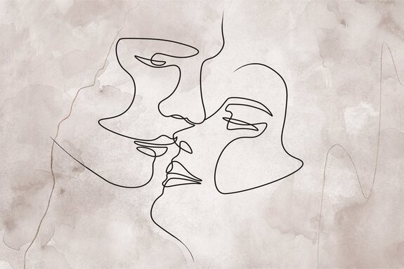 Le baiser des amoureux en style line art avec un fond aquarelle délicat