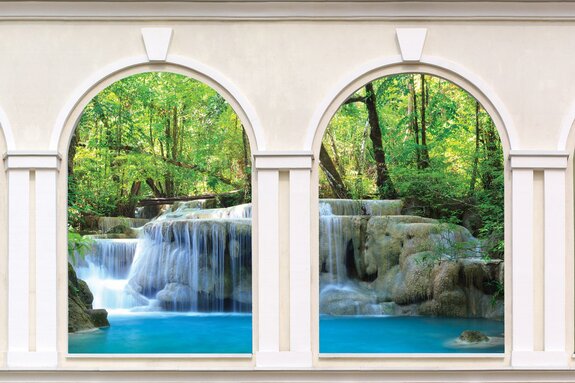 Architecture de la fenêtre avec vue sur la cascade