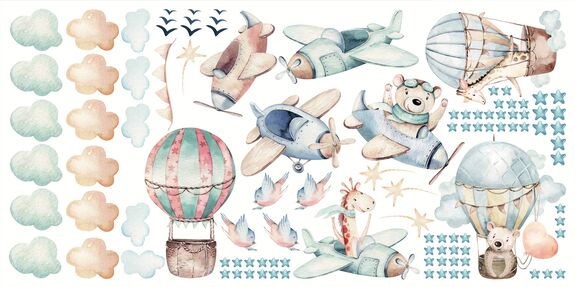Adorables animaux dans des avions et des montgolfières motif aquarelle pour enfants