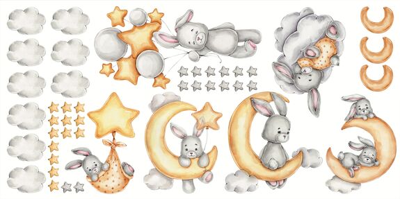 Lapins étoiles ballons parmi les nuages et les lunes