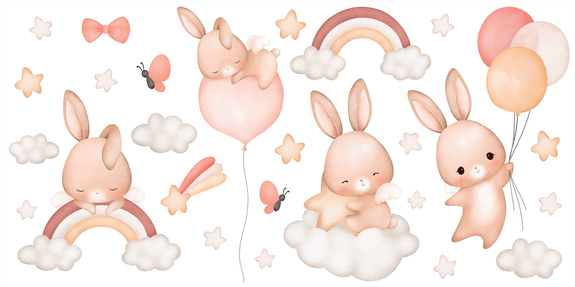 Lapins avec des ballons nuages et arc-en-ciel