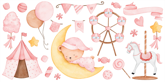 Composition aquarelle d’un parc d’attractions avec un ours sur la lune