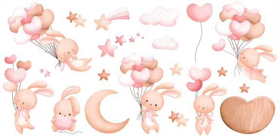 Lapins ballons cœurs et étoiles