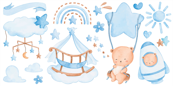 Ours sur fond de ciel avec des nuages bleus et un arc-en-ciel