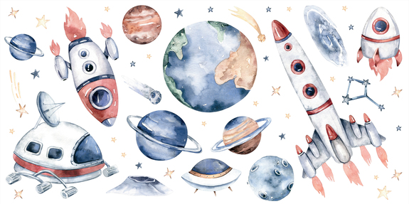 Planètes aquarelles vaisseaux spatiaux et étoiles