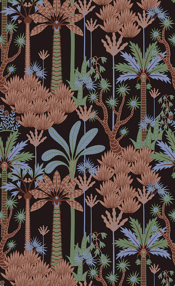 Végétation tropicale dans des tons de brun de vert et de bleu sur fond sombre