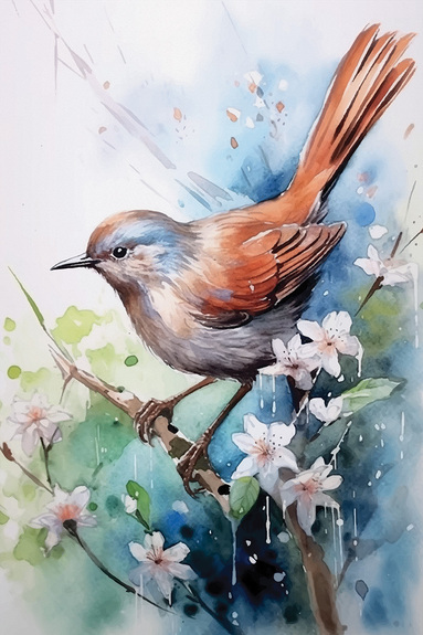 Oiseau aquarellé sur une branche d’arbre fleurie