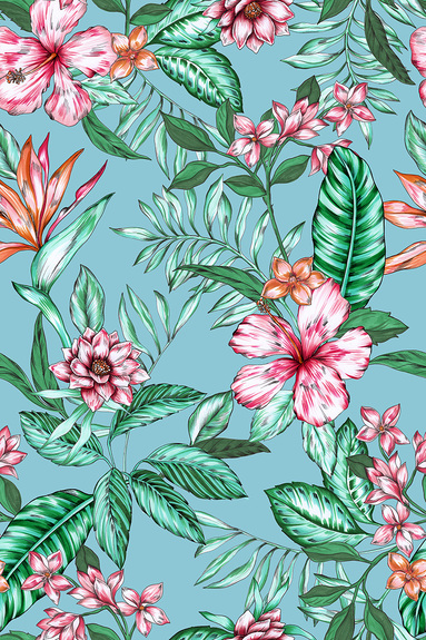 Fleurs et feuilles tropicales sur fond bleu clair