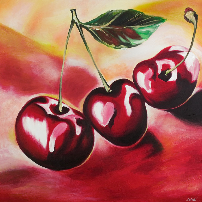 Cerises artistiques avec une feuille