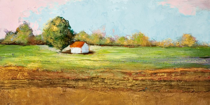 Prairie d'été avec une petite maison