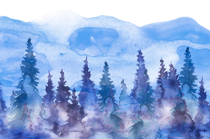 Paysage de montagne avec des arbres dans le style aquarelle