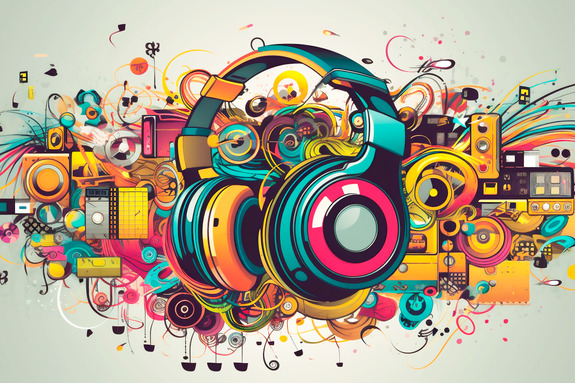 Une composition graphique avec des écouteurs et des motifs musicaux