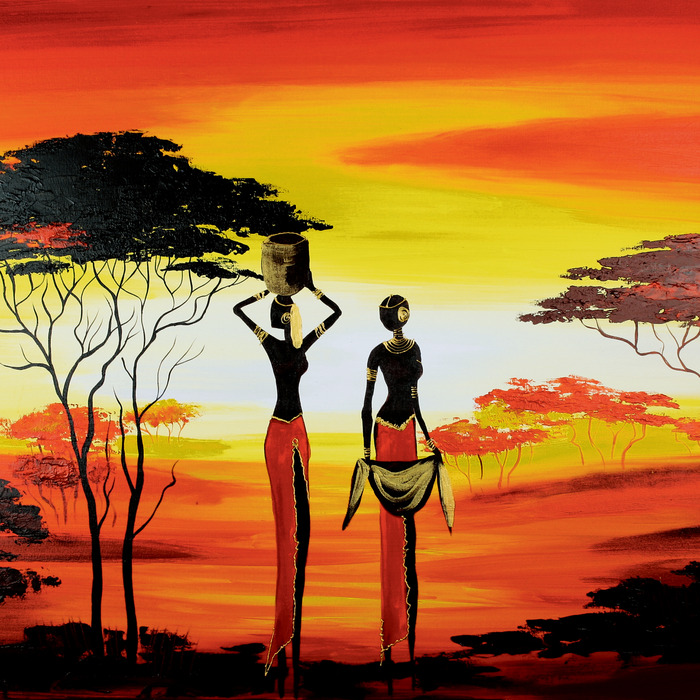 Deux femmes africaines dans la savane jaune et rouge