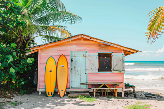 Maison tropicale avec palmiers et l&#39;océan en arrière-plan