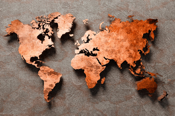 Carte 3d avec des continents couleur cuivre