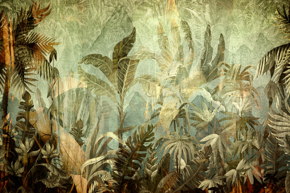 Feuilles tropicales aux tons verts et dorés