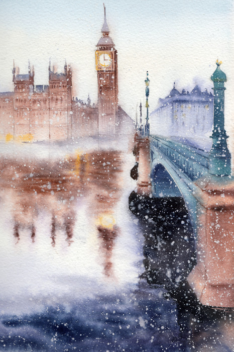 Big ben et le pont dans une brume de neige