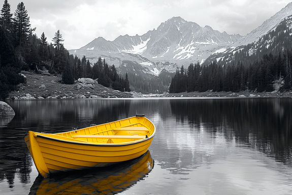 Un bateau jaune se détachant sur un lac en noir et blanc.