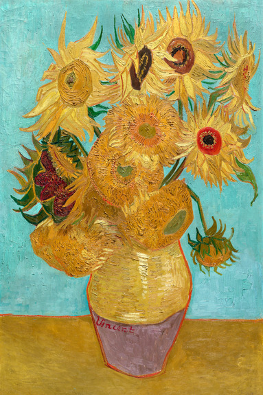 Tournesols peints dans un vase sur fond bleu