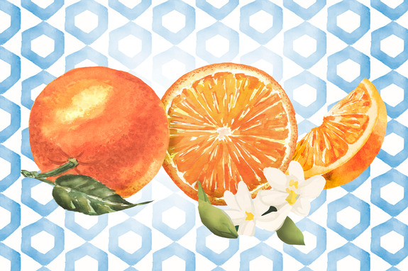 Oranges peintes sur un fond géométrique