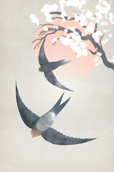 Deux hirondelles et une fleur de cerisier sur fond de soleil