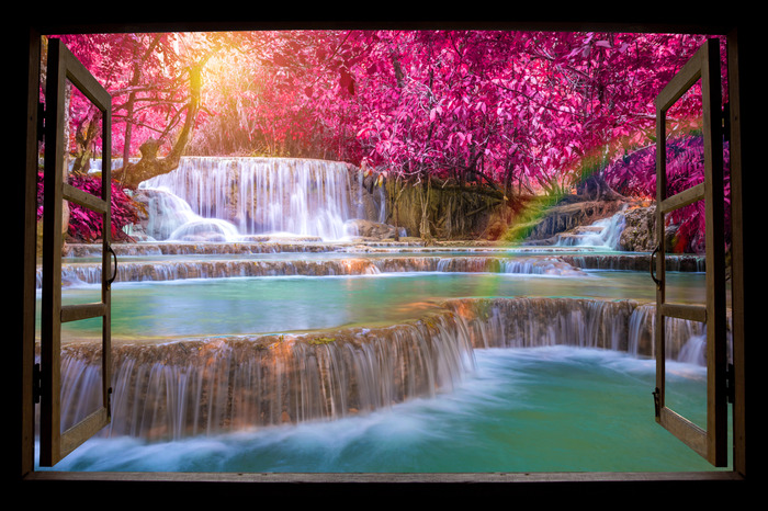 Cascade et arbres roses