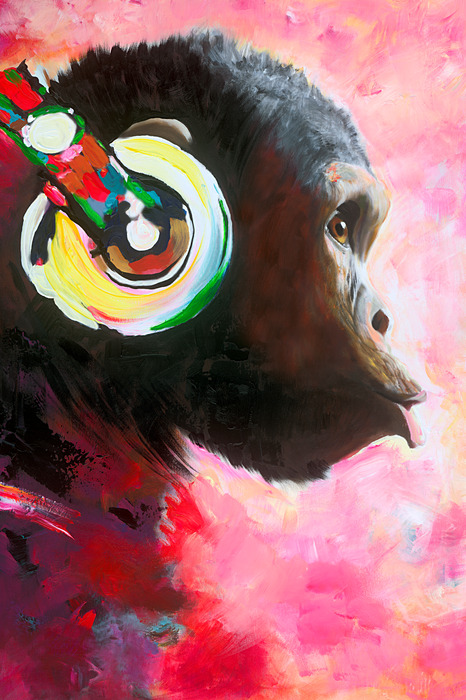 Singe aquarelle avec casque audio